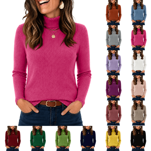 Mock Necks Tops for Women Long Sleeve Ribbed Shirts Thermal Slim Fit Lightweight Undershirts Hot Pink S