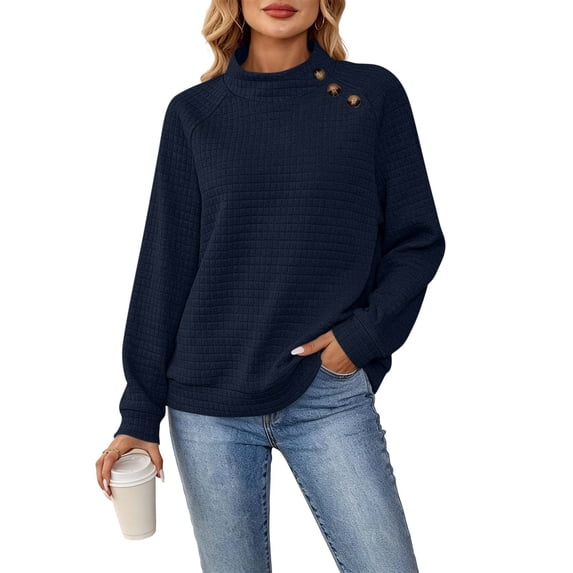 CINVREST Mock Sweatshirts Women 2026 Fall Winter Fashion Casual Loose Pullover Long Sleeve Button Texture Tops (S, Navy)