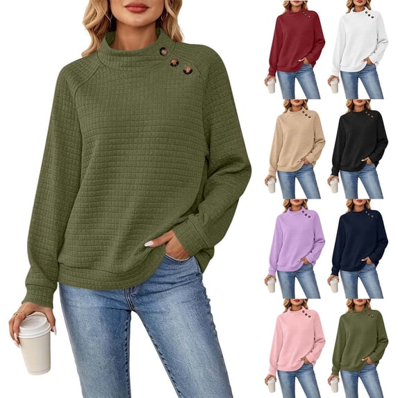 Mock Sweatshirts Women 2026 Fall Winter Fashion Casual Loose Pullover Long Sleeve Button Texture Tops (XL, Army Green)