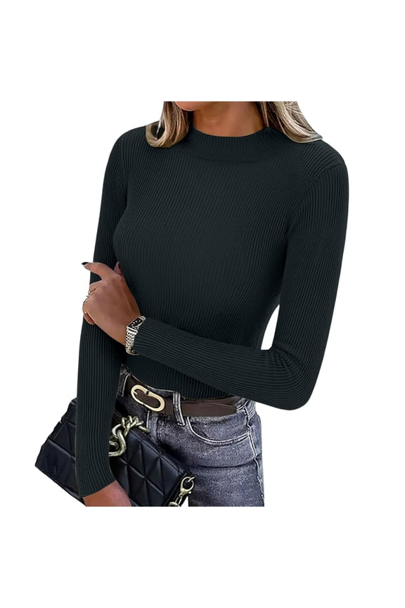 Mock Turtle Necks Tops for Women Long Sleeve Ribbed Shirts Thermal Slim Fit Lightweight Undershirts Black One Size