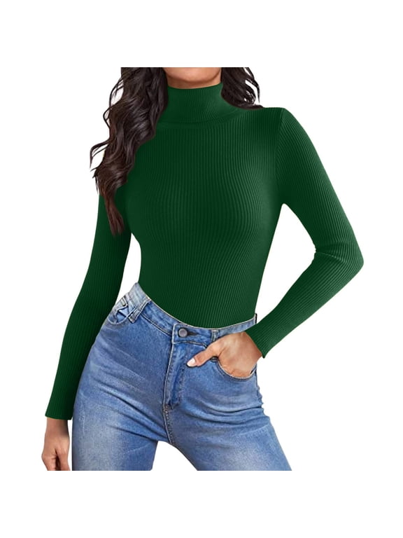 Mock Turtle Necks Tops for Women Long Sleeve Ribbed Shirts Thermal Slim Fit Lightweight Undershirts,Dark Green S