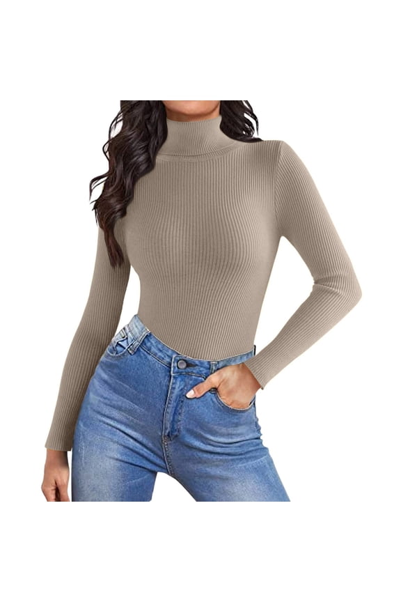Mock Turtle Necks Tops for Women Long Sleeve Ribbed Shirts Thermal Slim Fit Lightweight Undershirts，Khaki L