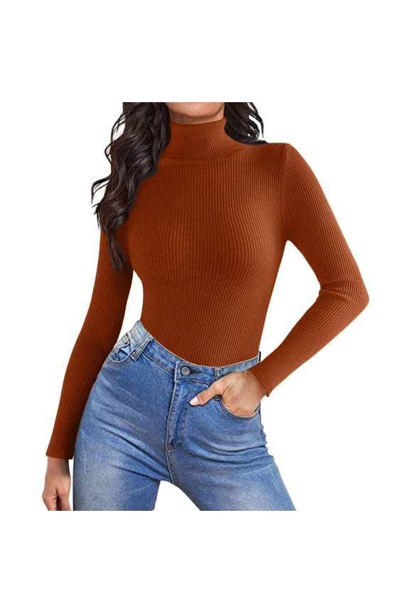 Mock Turtle Necks Tops for Women Long Sleeve Ribbed Shirts Thermal Slim Fit Lightweight Undershirts,Light Brown S