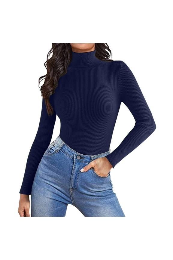 Mock Turtle Necks Tops for Women Long Sleeve Ribbed Shirts Thermal Slim Fit Lightweight Undershirts，Navy XL