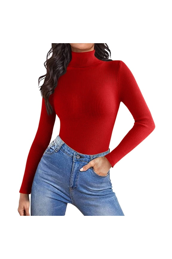 Mock Turtle Necks Tops for Women Long Sleeve Ribbed Shirts Thermal Slim Fit Lightweight Undershirts，Red S