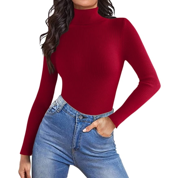 Mock Turtle Necks Tops for Women Long Sleeve Ribbed Shirts Thermal Slim Fit Lightweight Undershirts,Wine XL