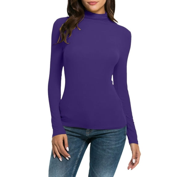 Mock Turtleneck Ladies Trendy Tops Long Sleeve Slim Fit Tee Shirt Solid Color Bodysuit Stretch Cozy Blouses (Large, Purple)