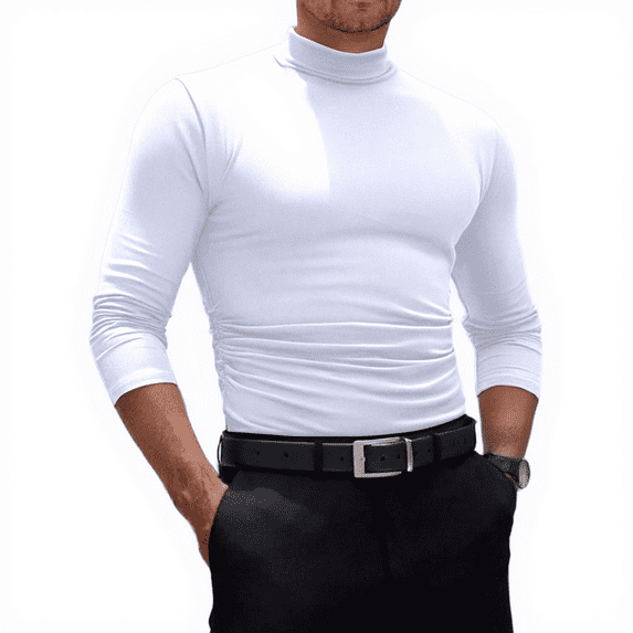 Mock Turtleneck Long Sleeve T-Shirt for Men Cotton Thermal Shirts Undershirt Base Layer Tops High Neck Johns Plus Size White XL