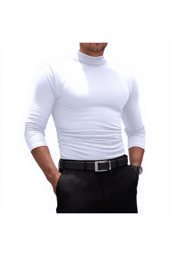 Mock Turtleneck Long Sleeve T-Shirt for Men Cotton Thermal Shirts Undershirt Base Layer Tops High Neck Johns Plus Size White XXXL