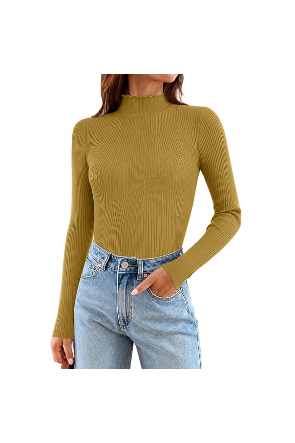 Mock Turtleneck Long Sleeve Tees for Women Modal Rib Lettuce Edge Slim Fit Daily Thermal Layering Shirts Yellow M