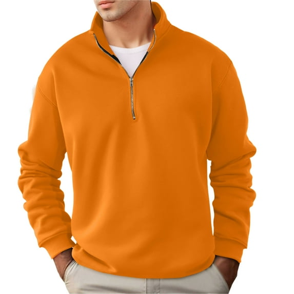 Mock Turtleneck Sweatshirt Men Retro Quarter Zip Long Sleeve Mens Pullover Soft Warm Sports Shirt Solid Color Tops Relaxed Fit Men Sweatshirts Orange M