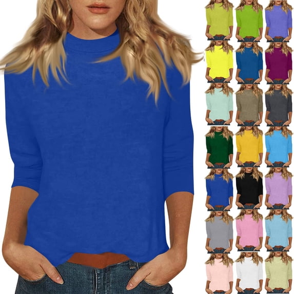 Mock Turtleneck Tops for Women 3/4 Sleeve Loose Fit Layering Mock Neck Tops Lightweight Blouses Dressy Casual Shirts Dark Blue 3XL