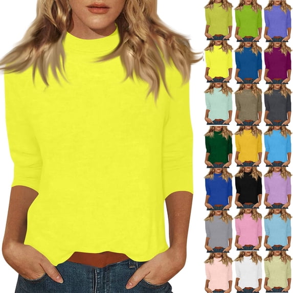 Mock Turtleneck Tops for Women 3/4 Sleeve Loose Fit Layering Mock Neck Tops Lightweight Blouses Dressy Casual Shirts Fluorescence Yellow 3XL