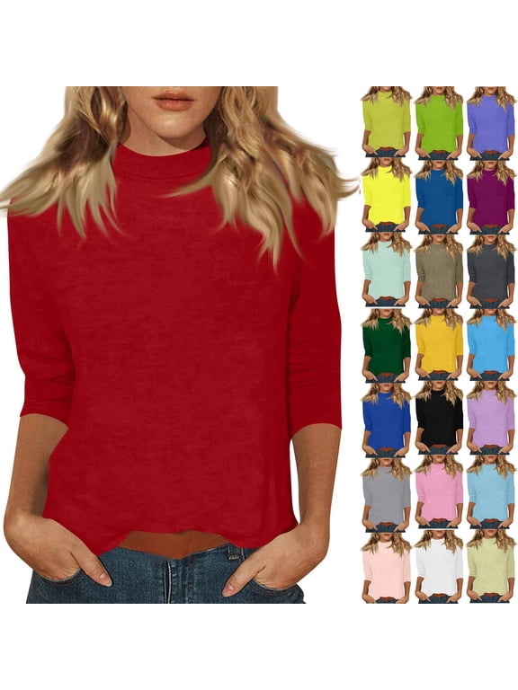 Mock Turtleneck Tops for Women 3/4 Sleeve Loose Fit Layering Mock Neck Tops Lightweight Blouses Dressy Casual Shirts Red L