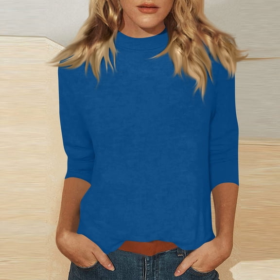Mock Turtleneck Tops for Women Fall Plain 3/4 Sleeve T Shirt Relaxed Fit High Neck Blouses Dressy Casual Undershirt Blue 2XL