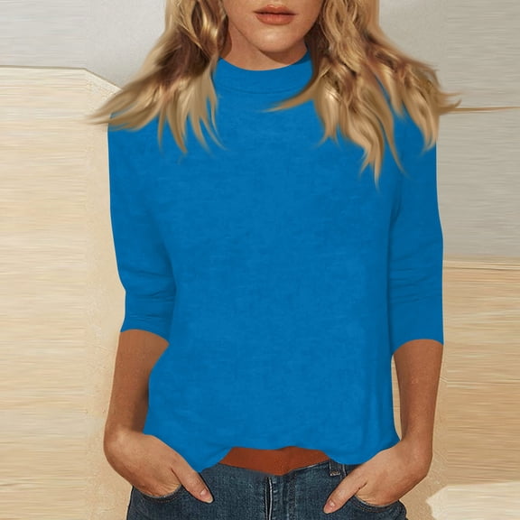 Mock Turtleneck Tops for Women Fall Plain 3/4 Sleeve T Shirt Relaxed Fit High Neck Blouses Dressy Casual Undershirt Blue M