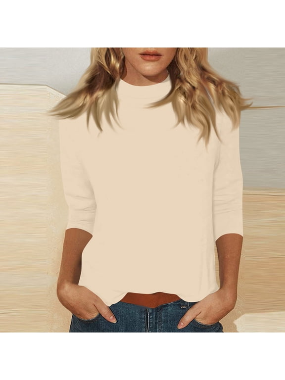 Mock Turtleneck Tops for Women Fall Plain 3/4 Sleeve T Shirt Relaxed Fit High Neck Blouses Dressy Casual Undershirt Complexion 3XL