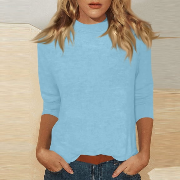 Mock Turtleneck Tops for Women Fall Plain 3/4 Sleeve T Shirt Relaxed Fit High Neck Blouses Dressy Casual Undershirt Light Blue XL