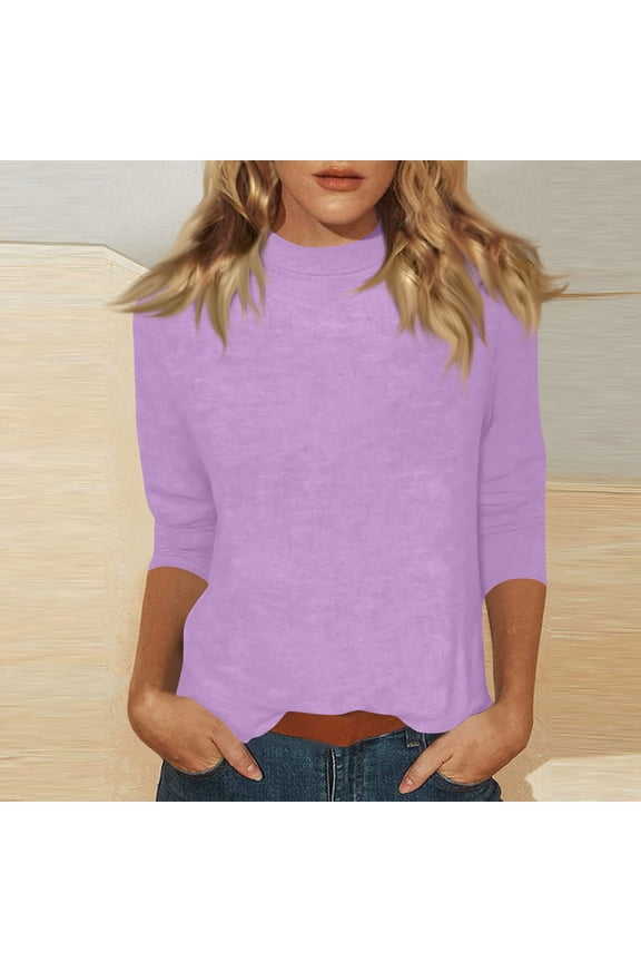 Mock Turtleneck Tops for Women Fall Plain 3/4 Sleeve T Shirt Relaxed Fit High Neck Blouses Dressy Casual Undershirt Light Purple XL