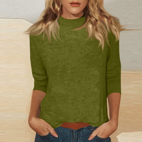 Mock Turtleneck Tops for Women Fall Plain 3/4 Sleeve T Shirt Relaxed Fit High Neck Blouses Dressy Casual Undershirt Mint Green L