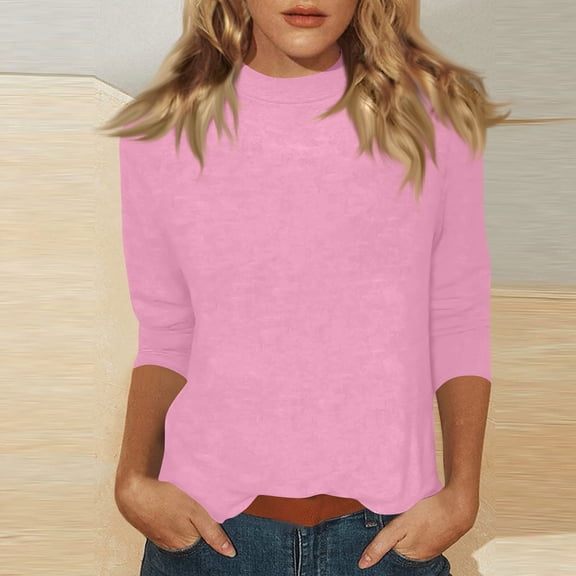 Mock Turtleneck Tops for Women Fall Plain 3/4 Sleeve T Shirt Relaxed Fit High Neck Blouses Dressy Casual Undershirt Pink M