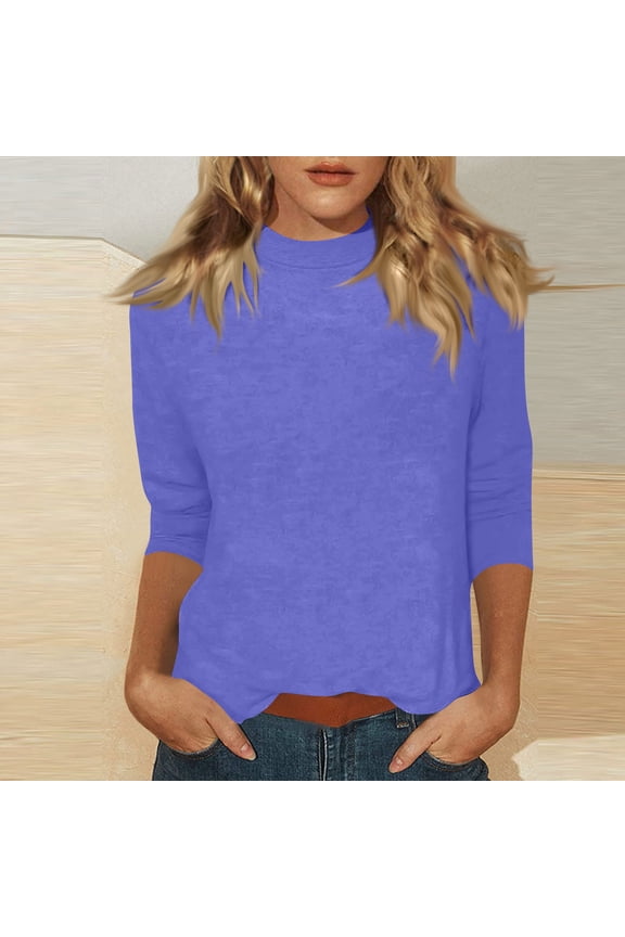 Mock Turtleneck Tops for Women Fall Plain 3/4 Sleeve T Shirt Relaxed Fit High Neck Blouses Dressy Casual Undershirt Purple 2XL