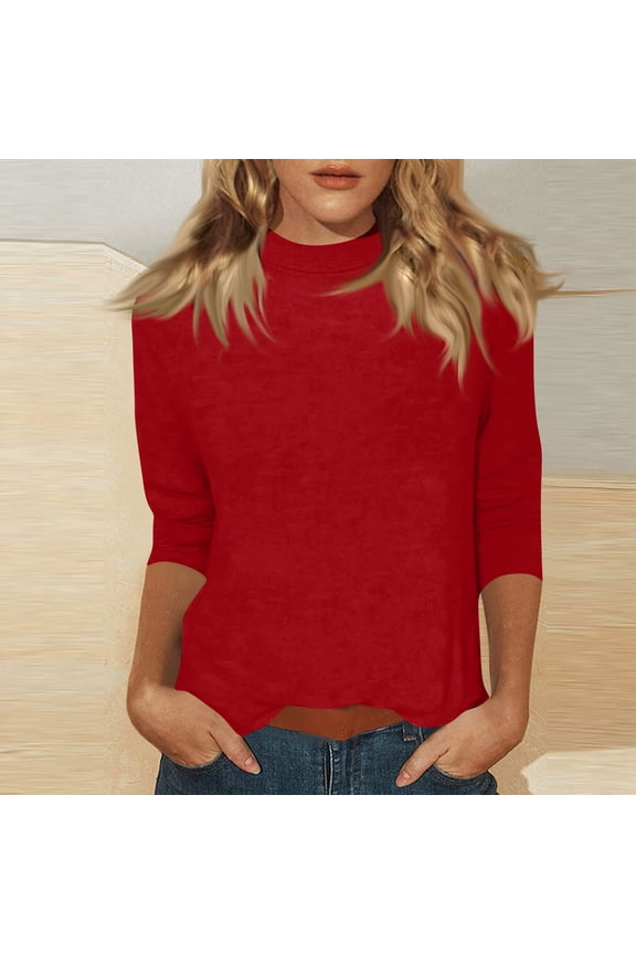 Mock Turtleneck Tops for Women Fall Plain 3/4 Sleeve T Shirt Relaxed Fit High Neck Blouses Dressy Casual Undershirt Red L