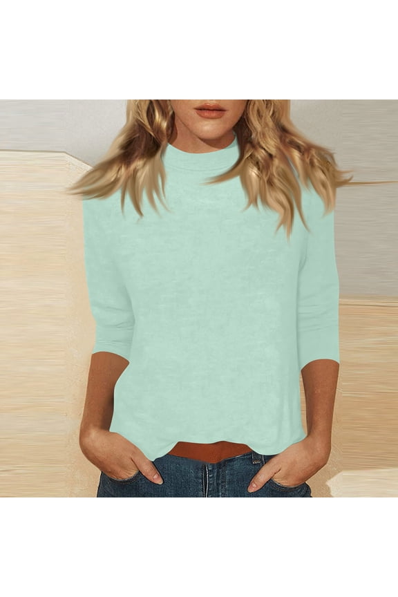 Mock Turtleneck Tops for Women Fall Plain 3/4 Sleeve T Shirt Relaxed Fit High Neck Blouses Dressy Casual Undershirt Sky Blue L