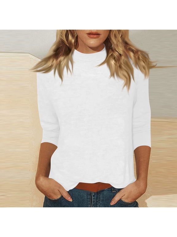 Mock Turtleneck Tops for Women Fall Plain 3/4 Sleeve T Shirt Relaxed Fit High Neck Blouses Dressy Casual Undershirt White XL