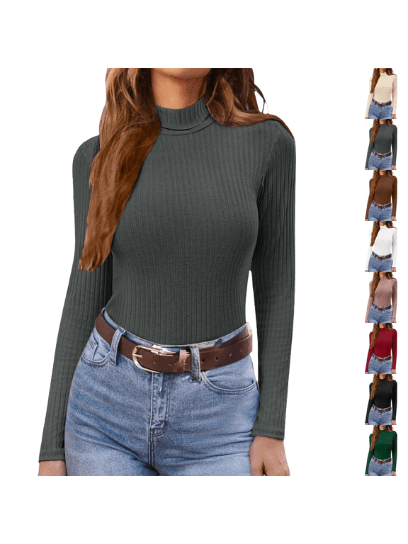 Mock Turtleneck Womens Long Sleeve Shirts Ribbed Knit Thermal Tops Breathable High Neck Lightweight Pullover Sweater Stretch Fitted Base Layers Casual Fall Winter Undershirts Gray S