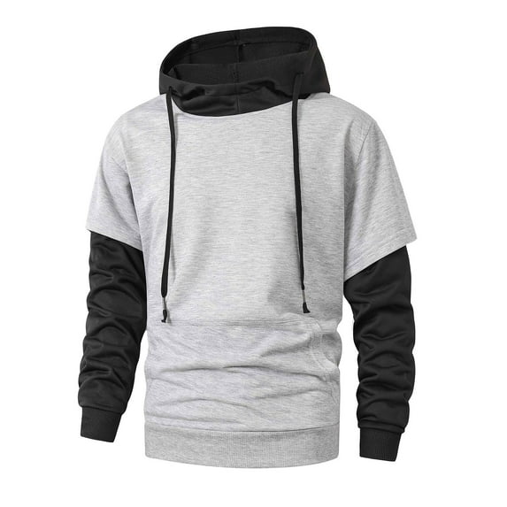 Mock Two Piece Hoodie for Men Long Sleeve Hooded Drawstring Pullover Sweatshirts Thicken Color Block Fashion Layered Hoodie with Kangaroo Pocket Loose Casual Fall Winter Outfits 2025, White 2XL