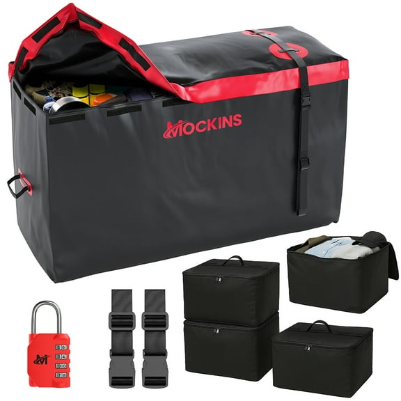 Mockins 15 Cu Ft. Red Waterproof Cargo Bag (48"x 18"x 31") with 4 Packing Cubes (22"x15"x15"), Lock and Straps