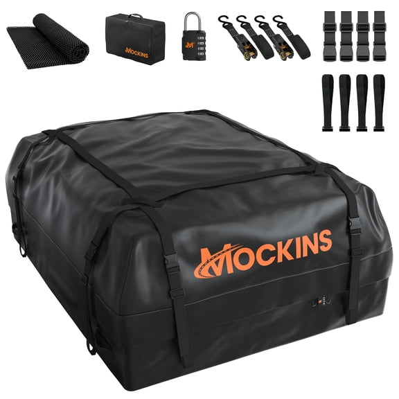 Mockins 16 Cu Ft. Black Waterproof Roof Top Cargo Bag  (45"x34"x18") with Roof Pad, Straps, Hooks, Lock & Carry Bag