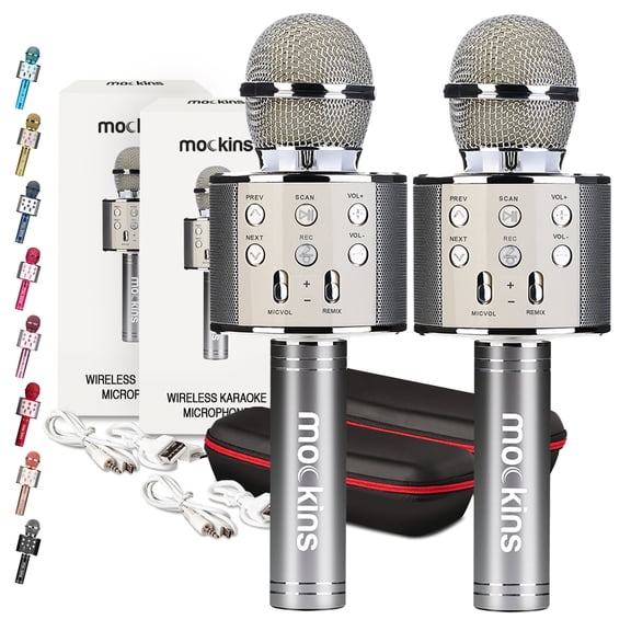 Mockins 2 Pack Silver Portable Microphones | Built in Bluetooth Speaker and Recording Mic