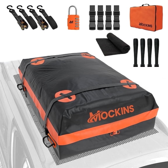 Mockins 20 Cu Ft. Orange Waterproof Roof Top Cargo Bag (53"x40"x17") with Roof Pad, Straps, Hooks, Lock & Carry Bag
