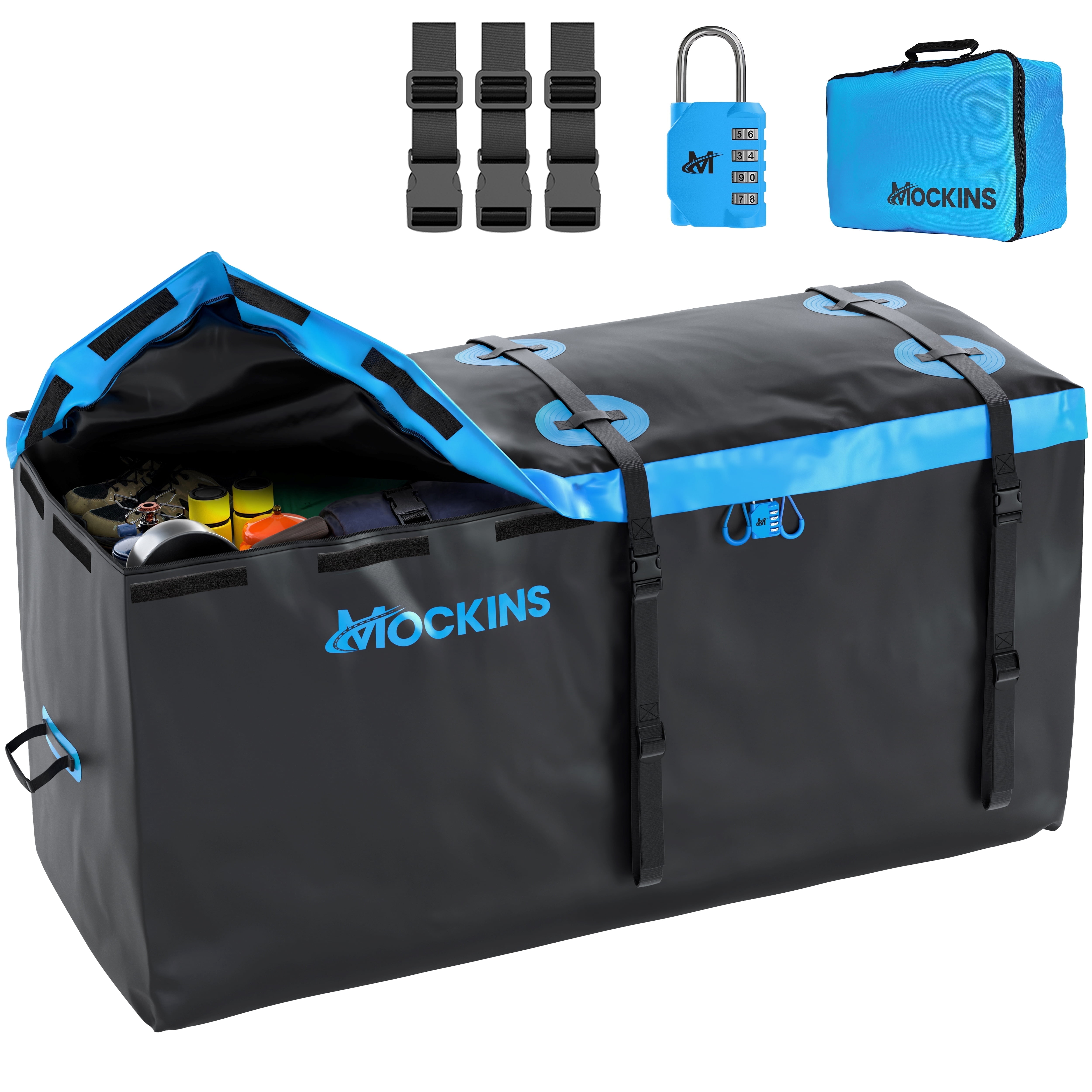 Mockins 25 Cu Ft. Blue Waterproof Car Carrier Cargo Bag (60"x24"x31") with Buckle Straps, Lock and Storage Bag