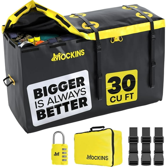 Mockins 30 Cu Ft Heavy Duty Trailer Hitch Cargo Carrier Bag | 60"x24"x36" Weatherproof Cargo Bag for Hitch Rack| Vinyl Vehicle Soft Shell Carriers w/Straps & Combo Lock | Waterproof Truck Bed Storage