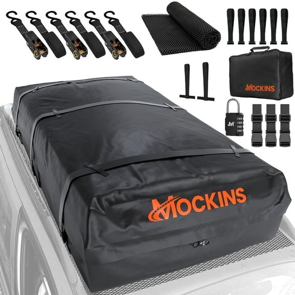 Mockins 40 Cu Ft. Black Waterproof Roof Cargo Bag  (72"x 48"x 20") with Rubber Roof Pad, Straps, Hooks, Lock & Carry Bag