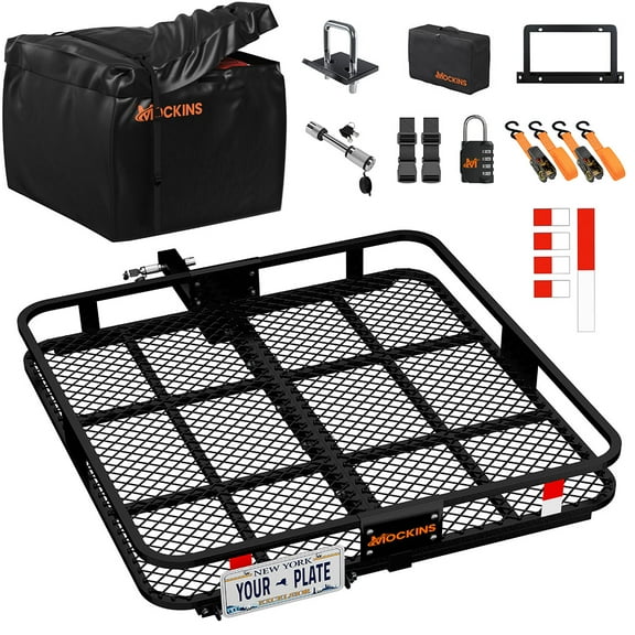 Mockins 40"x40"x6" Square Trailer Hitch Cargo Carrier with 30 Cu Ft. Square Waterproof Bag, License Plate Holder & More