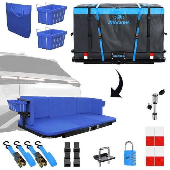 Mockins 48"x18"x6" 2-in-1 Tow Hitch Cargo Carrier Bench with 15 Cu.Ft. Cargo Bag, Cushion Set and Hitch Accessories