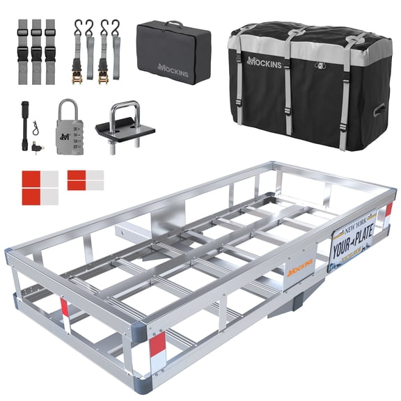 Mockins 50"x24"x7" Aluminum Hitch Cargo Carrier with 25 Cu ft. Cargo Bag and Accessories