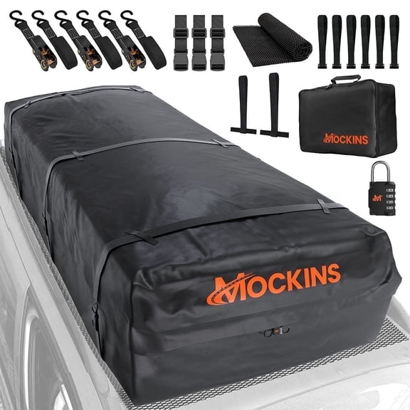 Mockins 50 Cu Ft. Waterproof Roof Cargo Bag (85"x50"x20") with Rubber Roof Pad, Straps, Hooks, Lock & Carry Bag