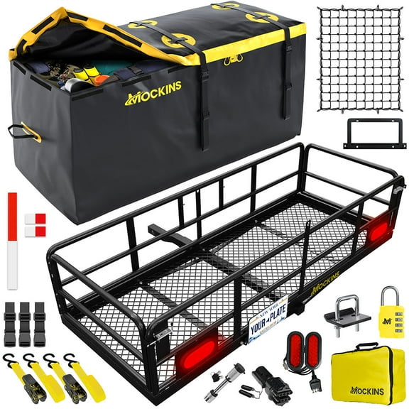 Mockins 60"x24"x14" High Rail Hitch Cargo Carrier with Rear Lights, 30 Cu.Ft. Yellow Cargo Bag, Net and Straps