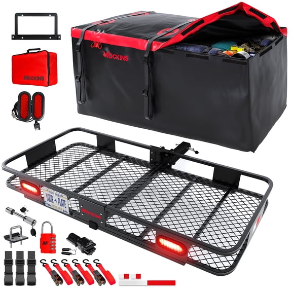 Mockins 70"x30"x6" Trailer Hitch Cargo Carrier with Rear Lights & 40 Cu.Ft. Red Cargo Bag