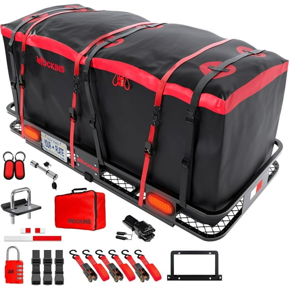 Mockins 500 lbs. Capacity 70"x30"x6" Trailer Hitch Cargo Carrier with Rear Lights, 40 Cu.Ft. Red Cargo Bag, Stabilizer, Locks and Straps