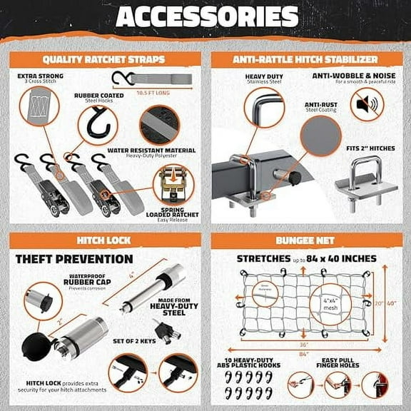 Mockins 60"x20"x6" Folding Trailer Hitch Cargo Carrier & 16 CuFt Cargo Hitch Carrier Bag |500Lbs Cap Cargo Carrier Hitch Mount | Hitch Rack Set w/Tow Hitch Cargo Carrier Bag, Straps, Net & Stabilizer