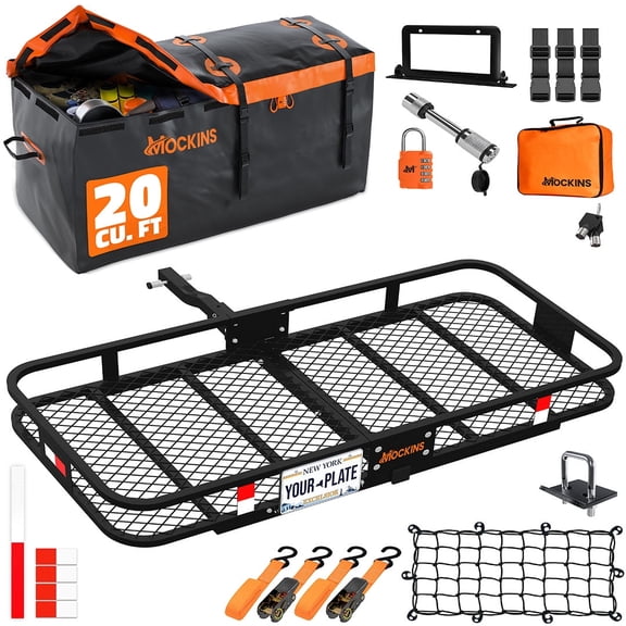 Mockins 60"x20"x6" Rear Hitch Cargo Carrier with 20 Cu. Ft. Orange Cargo Bag & Accessories