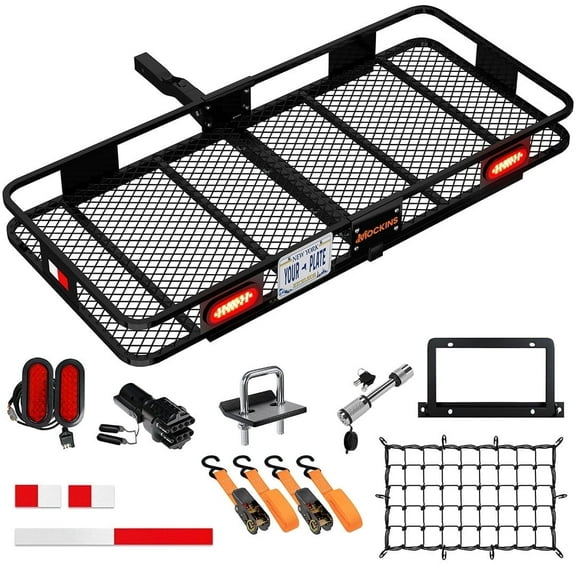 Mockins 60"x20"x6" Trailer Hitch Cargo Carrier with Rear Lights, License Plate Holder and Carrier Accessories