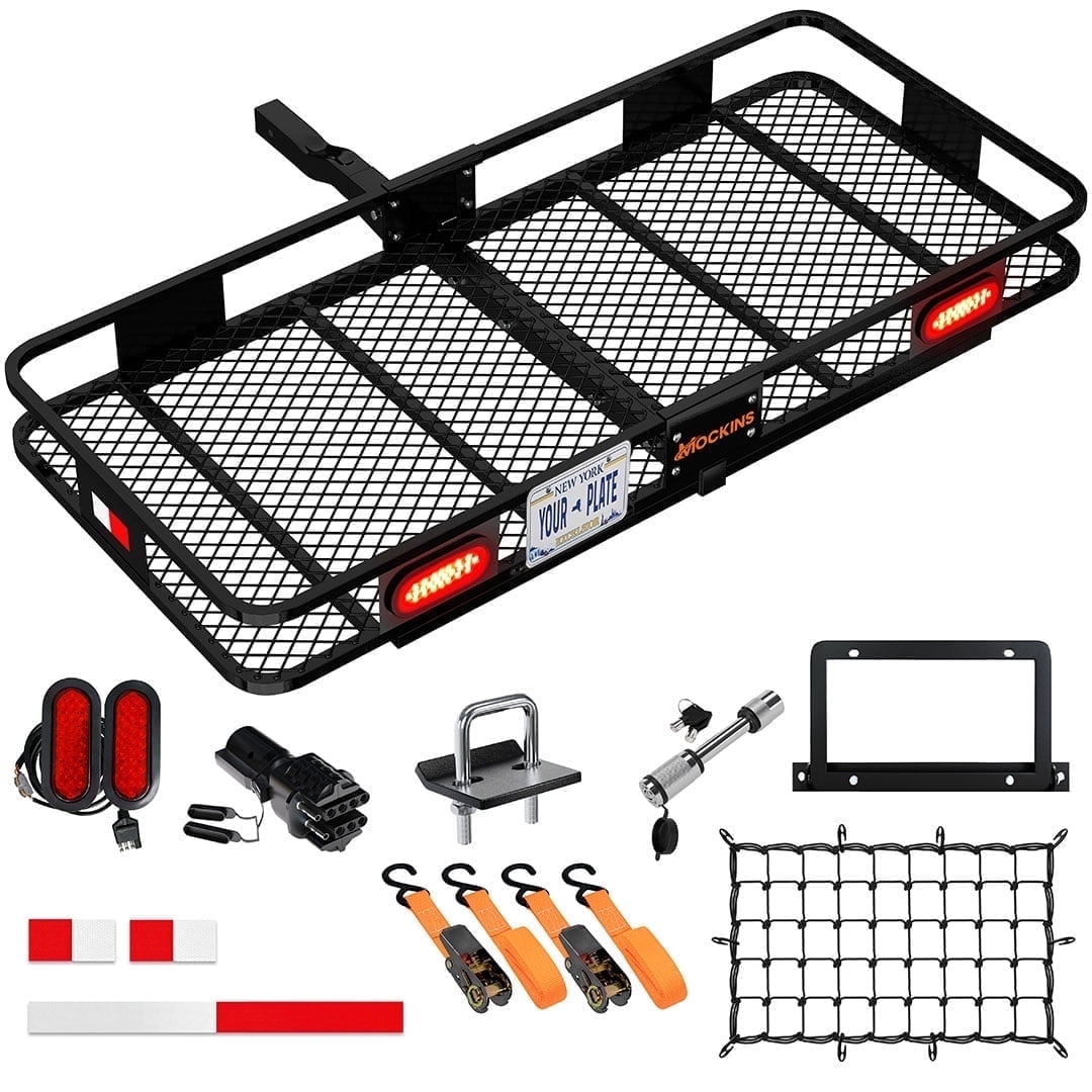 Mockins 60"x20"x6" Trailer Hitch Cargo Carrier with Rear Lights, License Plate Holder and Carrier Accessories