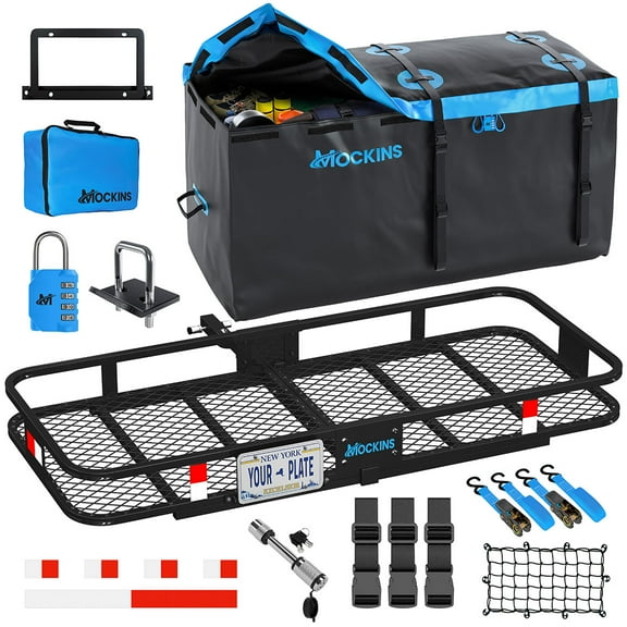 Mockins 60"x24"x6" Trailer Hitch Cargo Carrier with 25 Cu.Ft. Blue Cargo Bag and Accessories